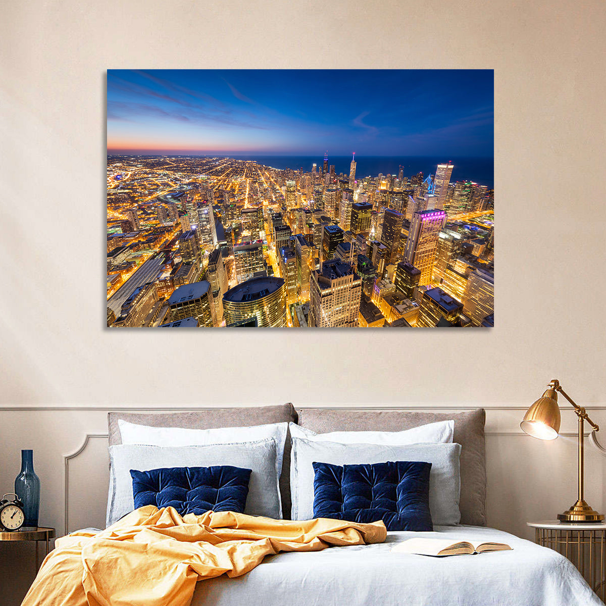 Aerial Chicago Nightscape Wall Art in a room, landscape