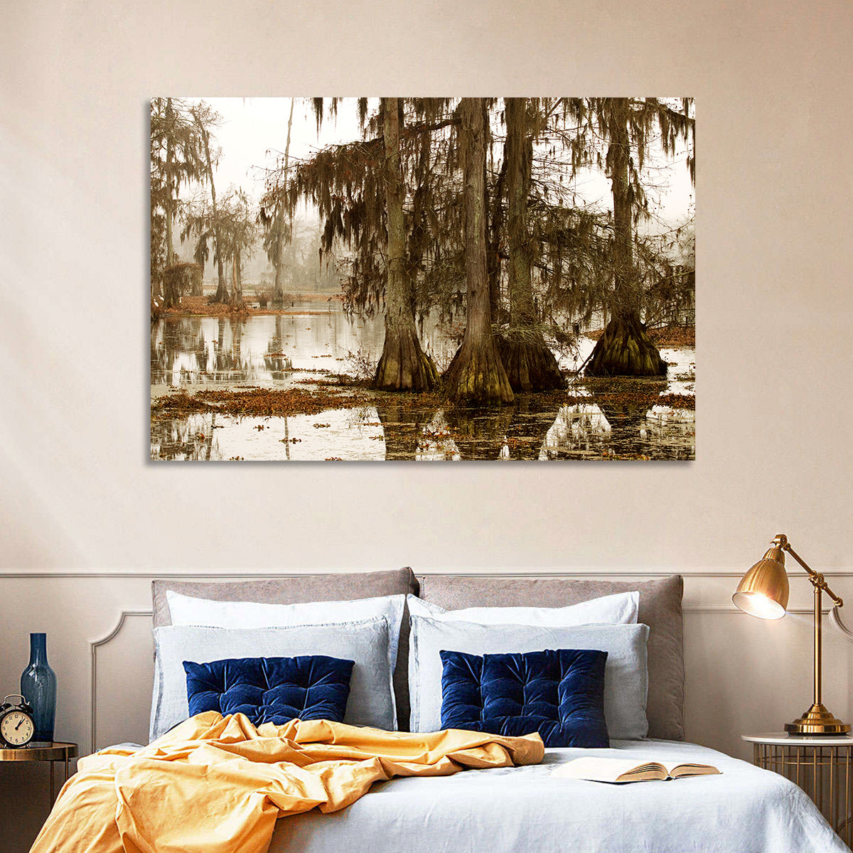 Lake Martin Cypress Morning Wall Art in a room, landscape