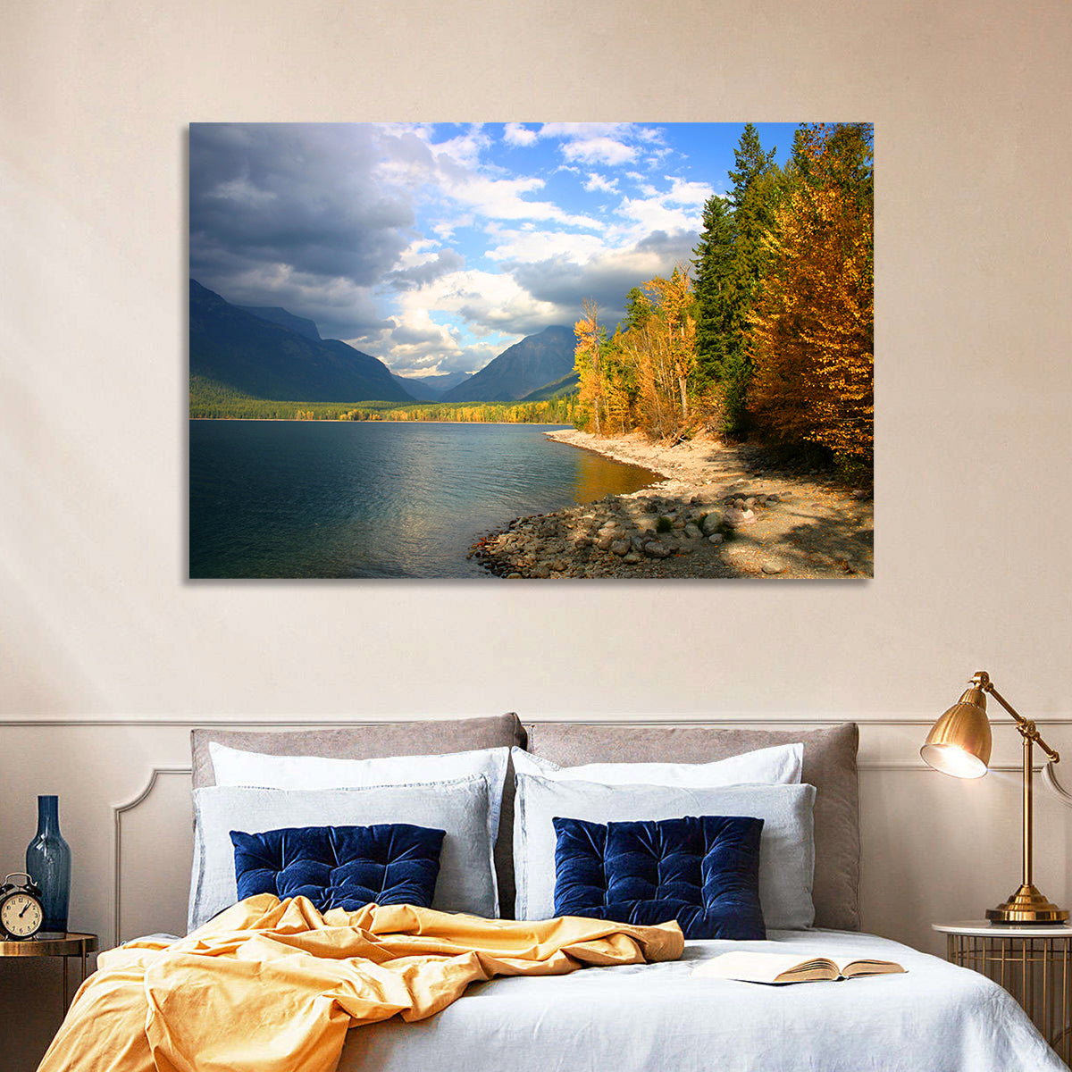 Lake Mcdonald Autumn Shoreline Wall Art in a room, landscape