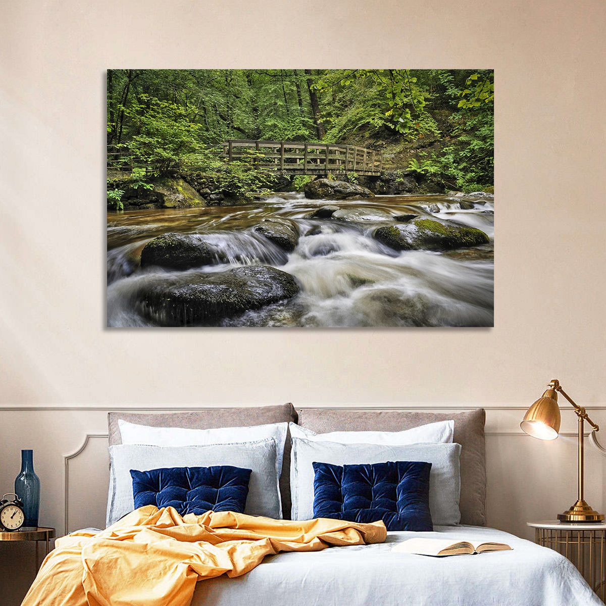 Stock Ghyll Footbridge Forest Stream Wall Art in a room, landscape