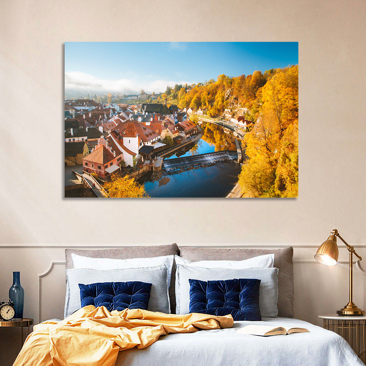 Český Krumlov River Weir in Autumn Wall Art