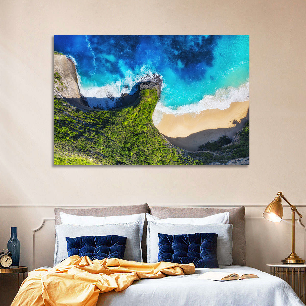 Kelingking Beach Cliffs Wall Art in a room, landscape