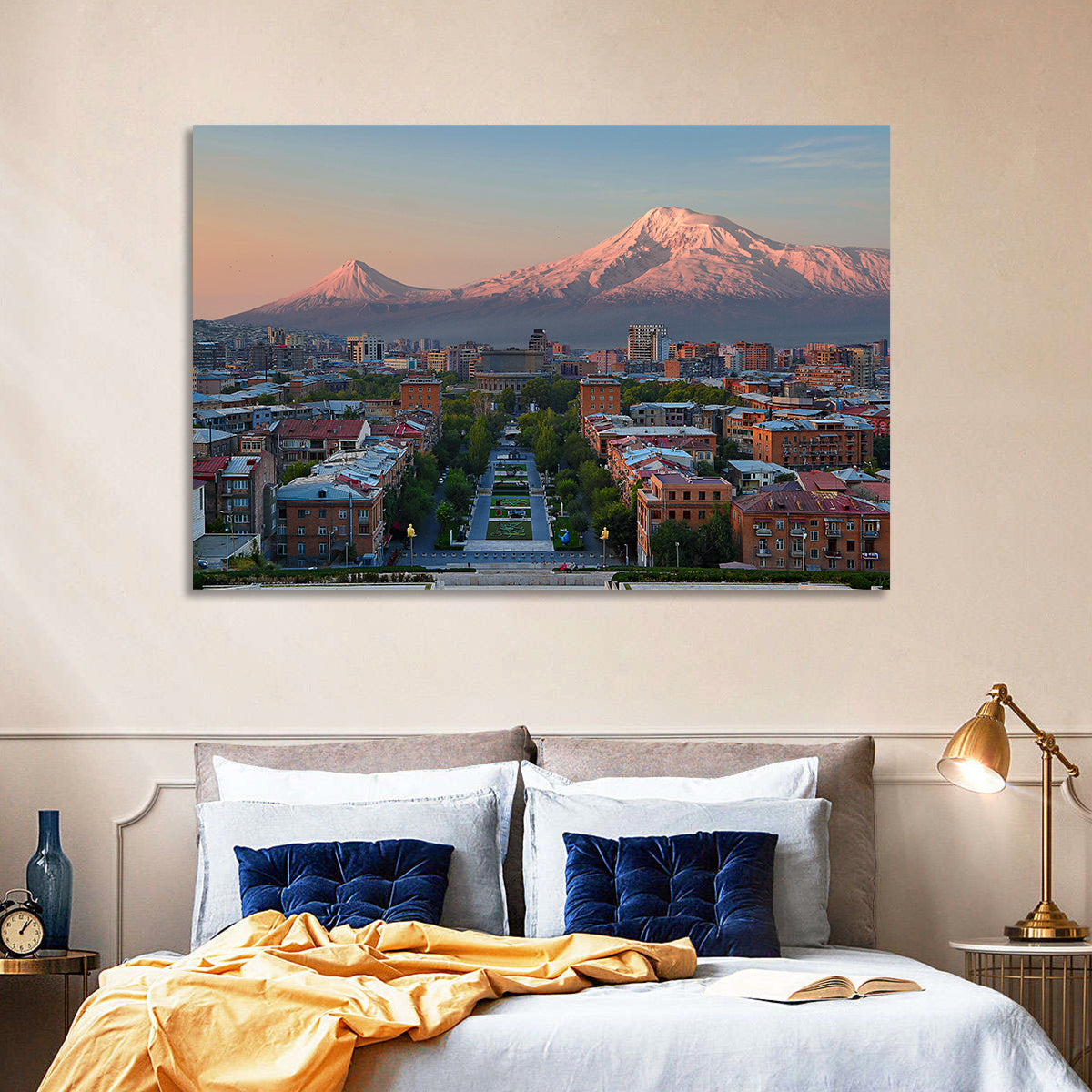 Sunset Over Mount Ararat from Yerevan Wall Art in a room, landscape