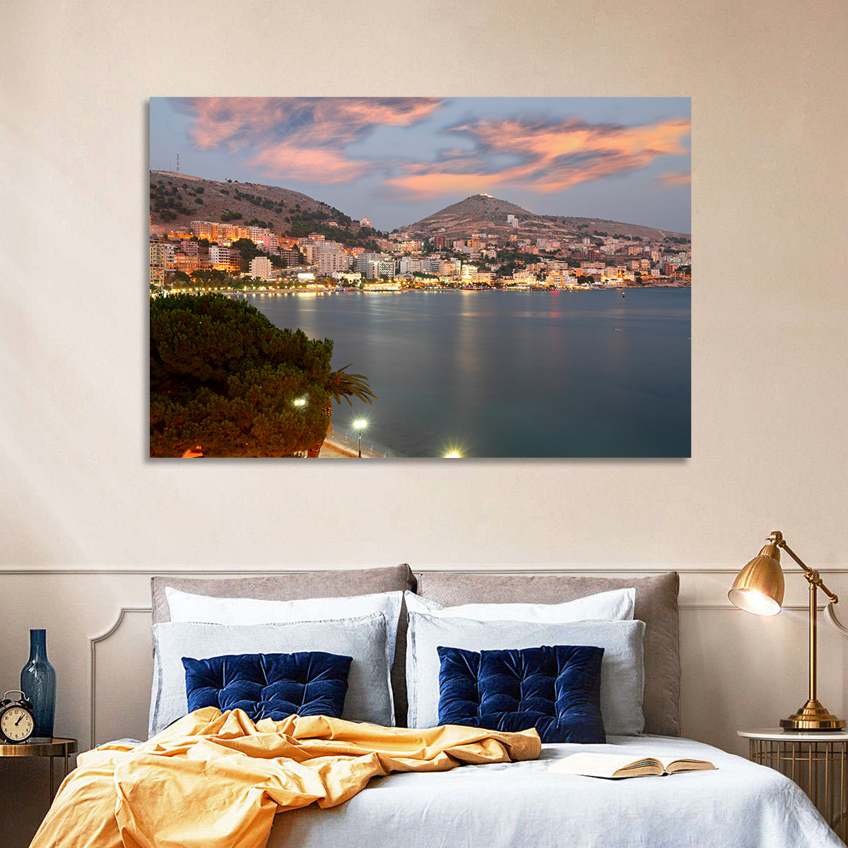 Sarandë Bay at Dusk Wall Art in a room, landscape