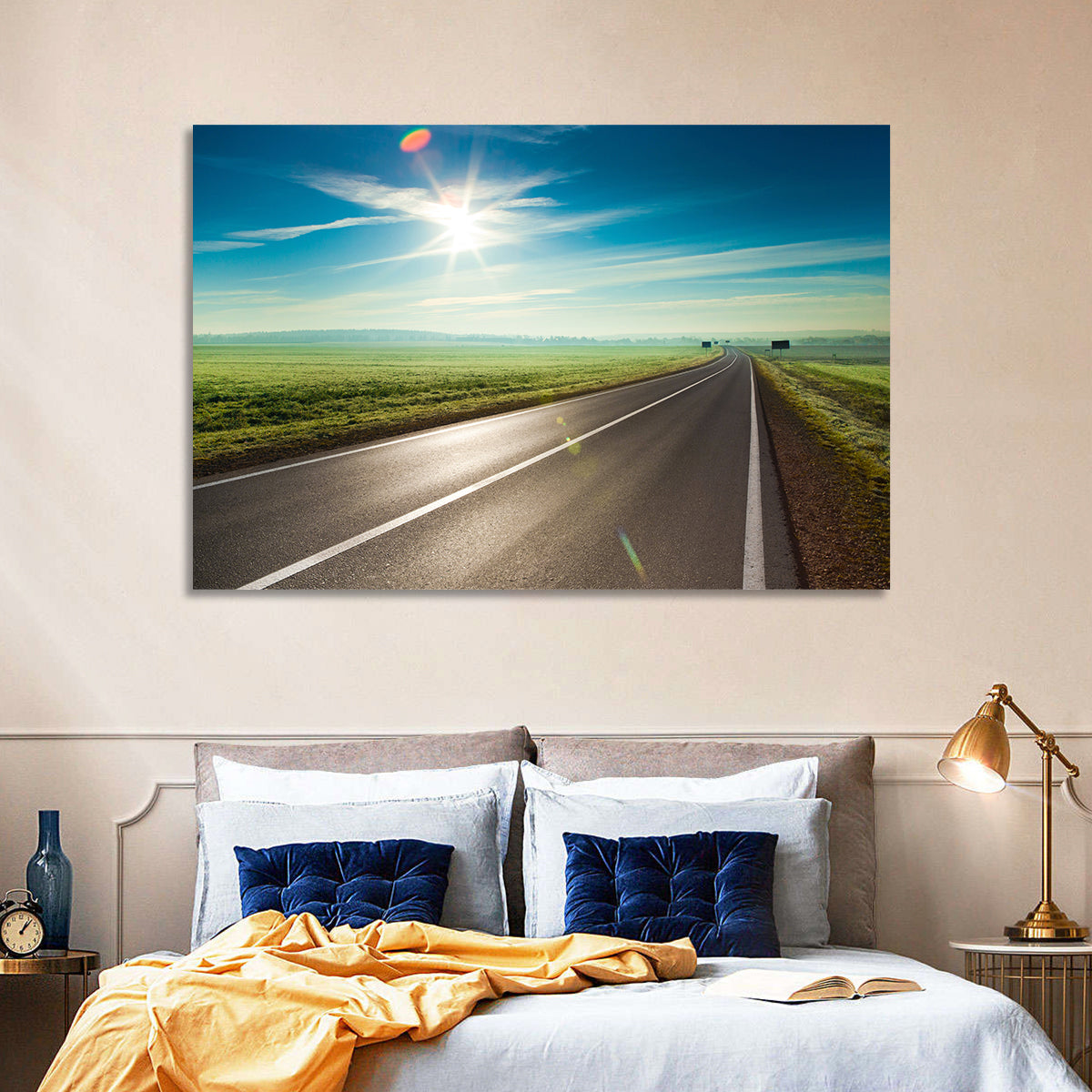 Sunlit Road Through Green Field Wall Art in a room, landscape