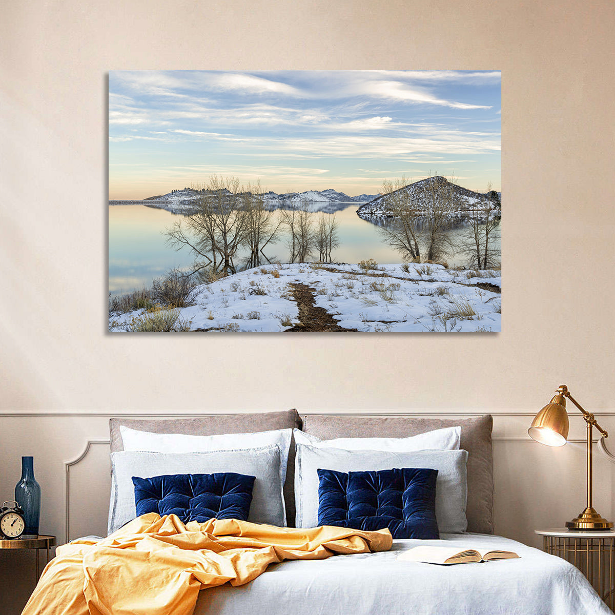 Horsetooth Reservoir Frozen Reflection Wall Art in a room, landscape