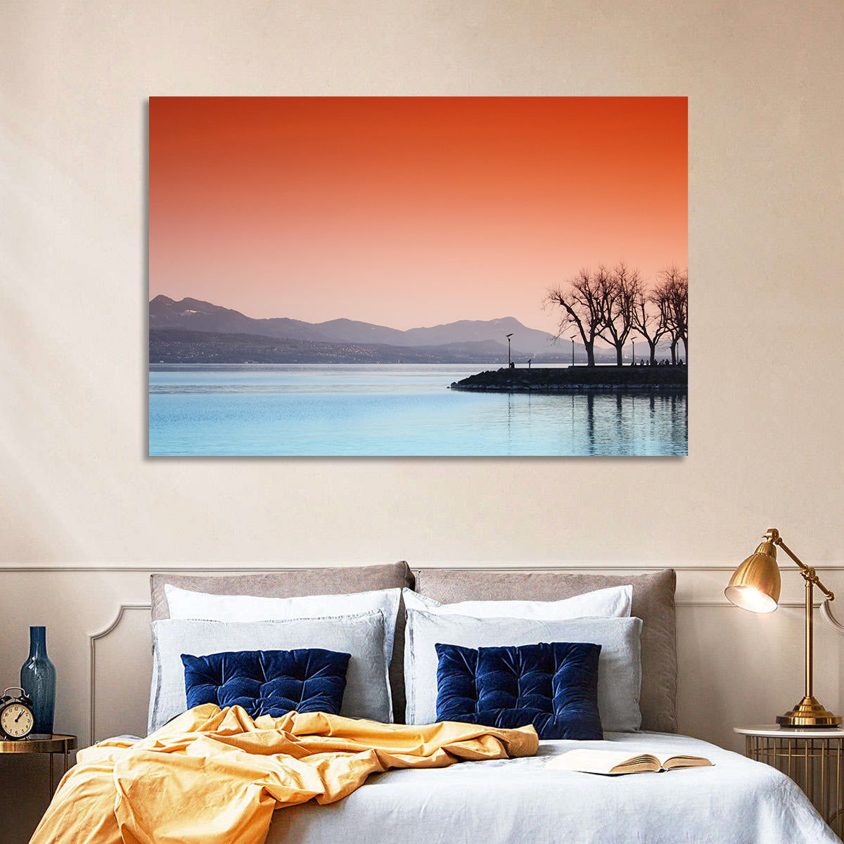 Lake Geneva Sunset Reflection Wall Art in a room, landscape
