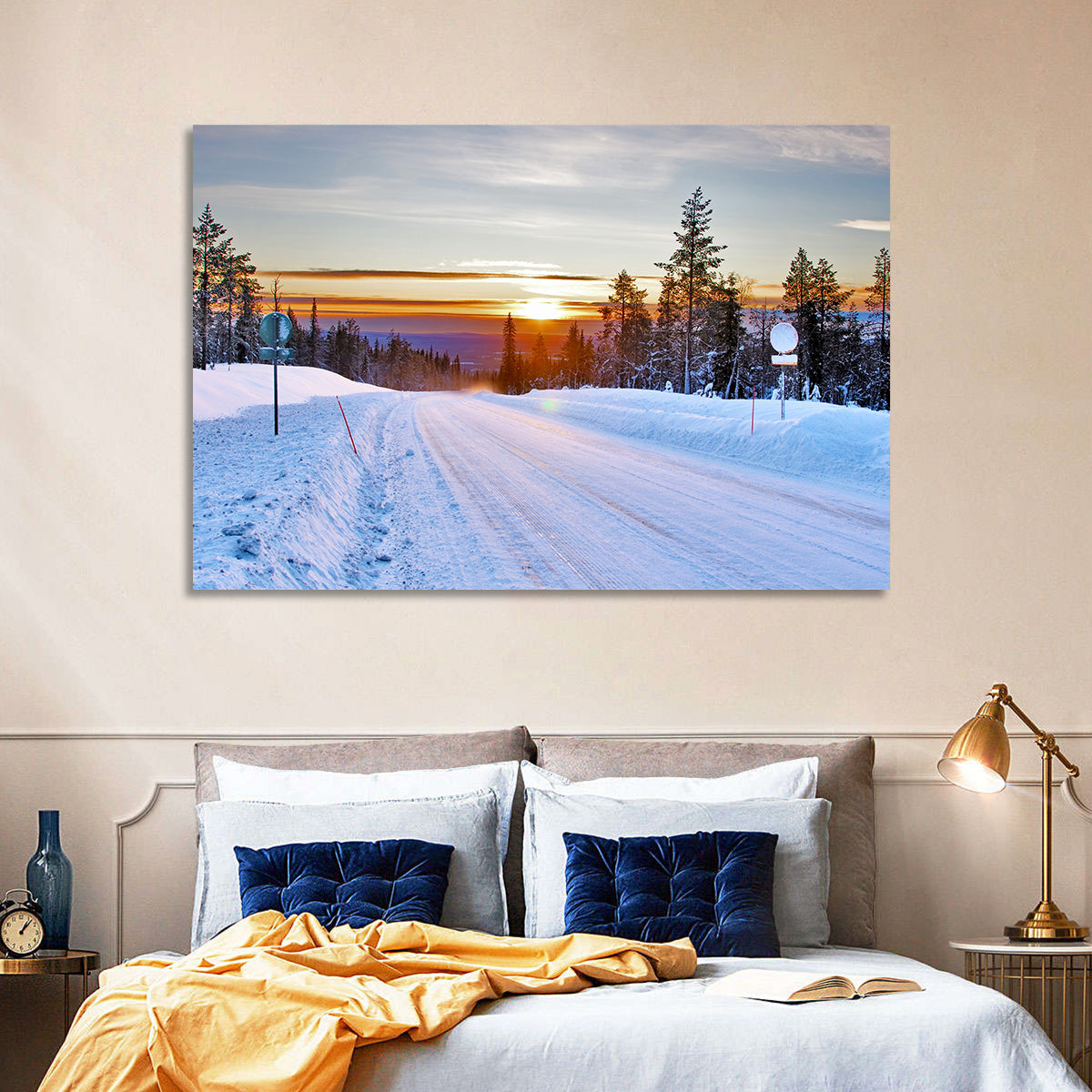 Snowy Road at Sunset Wall Art in a room, landscape