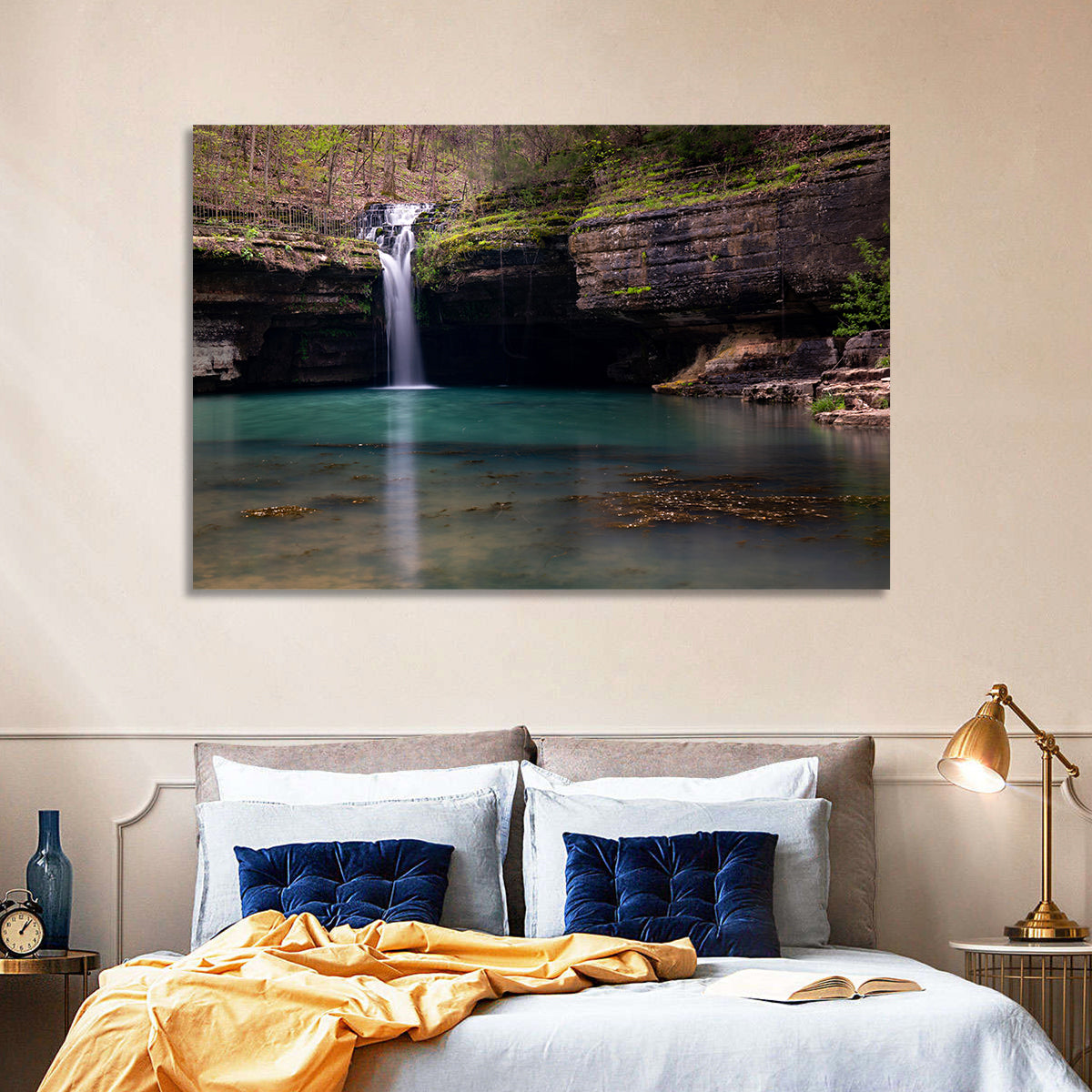 Mossy Cove Waterfall Wall Art in a room, landscape