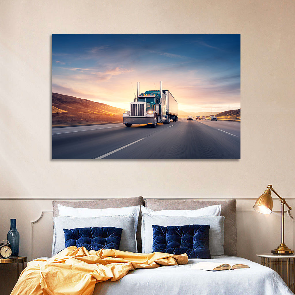 Semi Truck Highway Sunset Wall Art