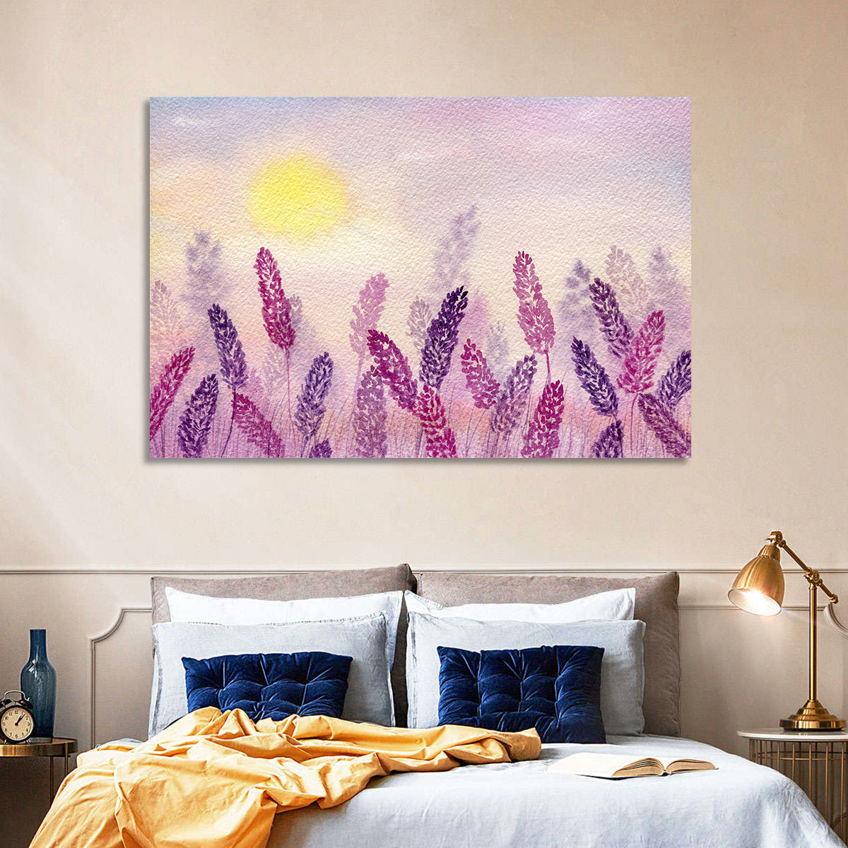 Sunlit Lavender Field Wall Art in a room, landscape