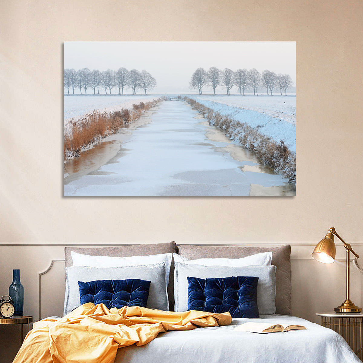 Frozen Canal with Bare Trees Wall Art in a room, landscape