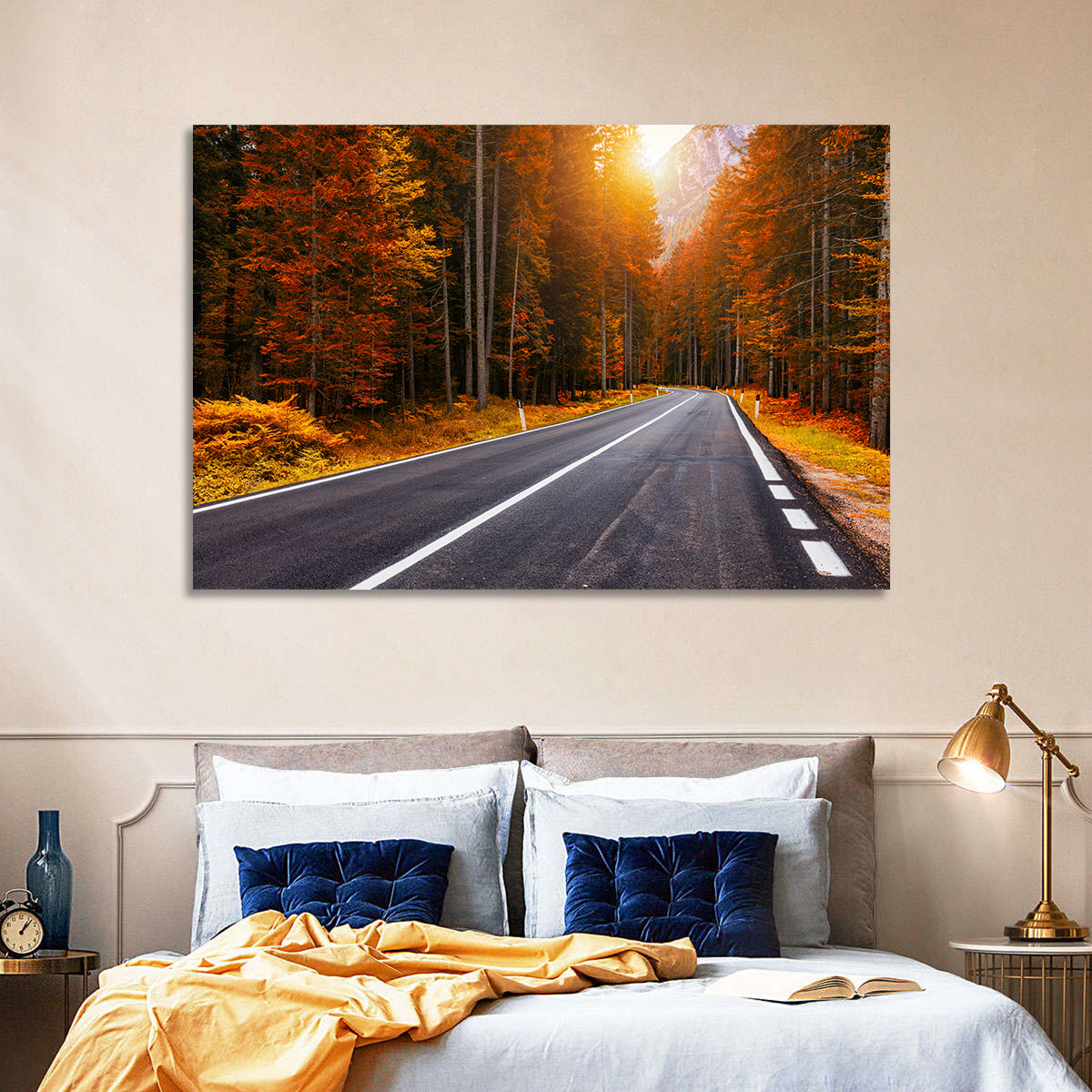 Golden Hour Forest Road Wall Art in a room, landscape