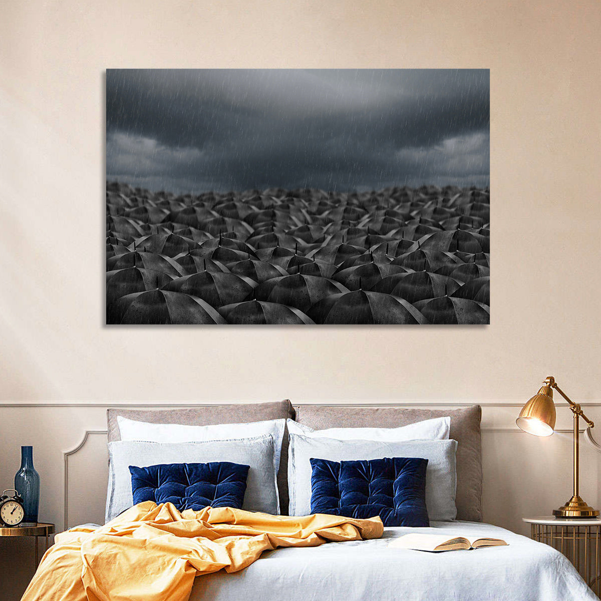 Clustered Umbrellas in Rain Wall Art