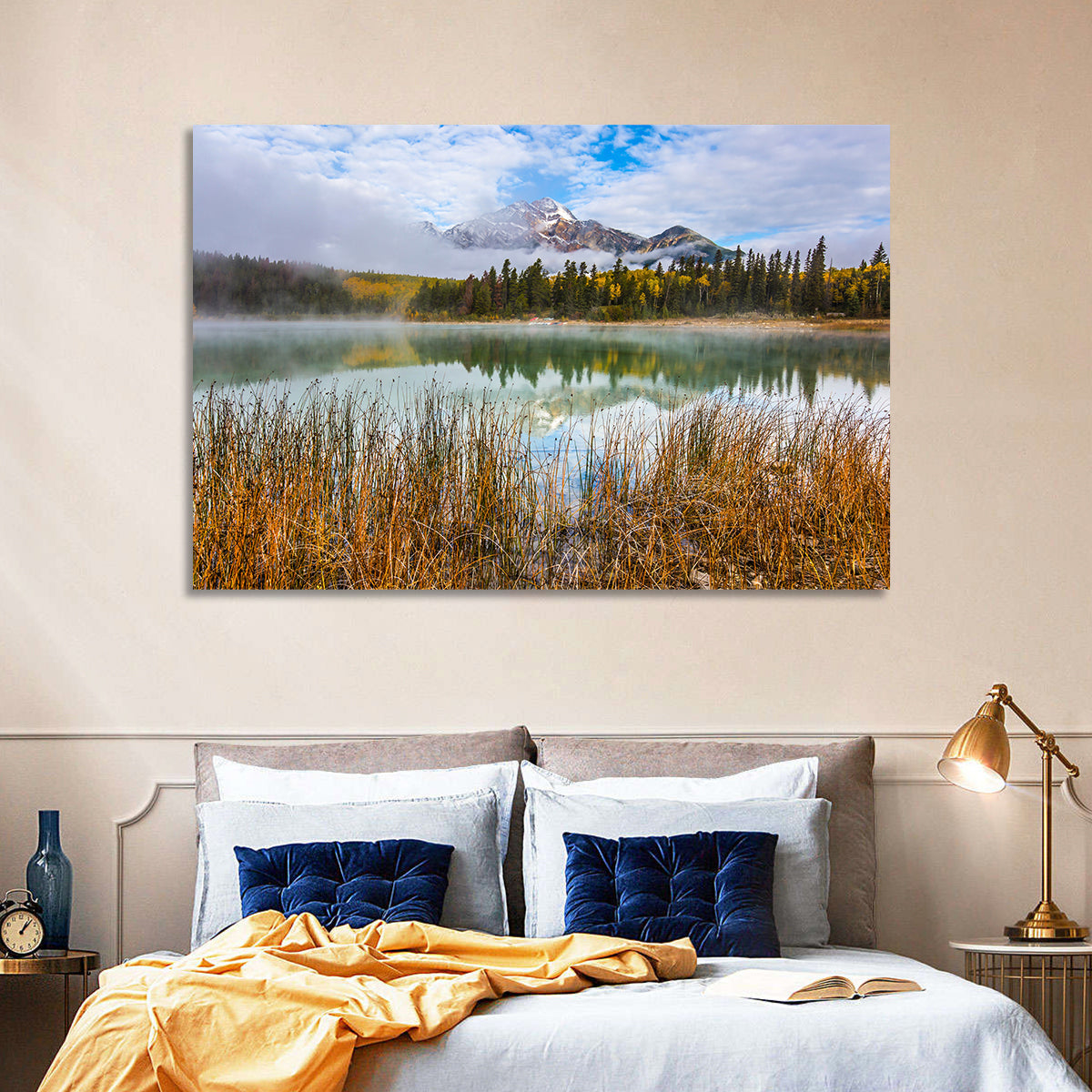 Pyramid Mountain with Golden Grasses Wall Art in a room, landscape