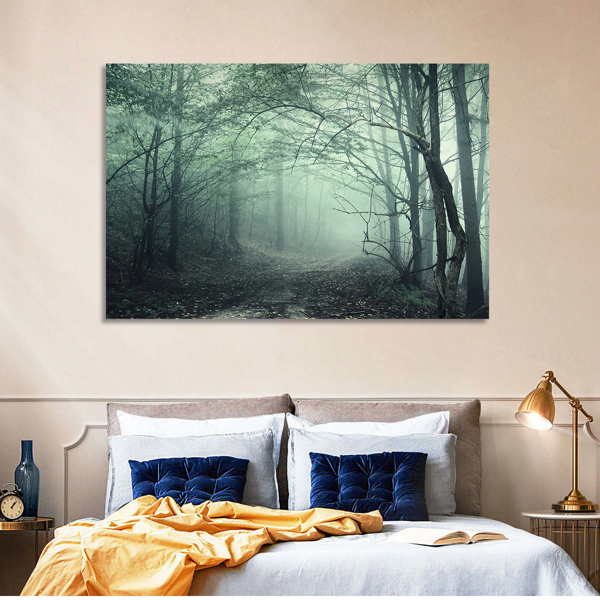 Misty Forest Path Wall Art in a room, landscape