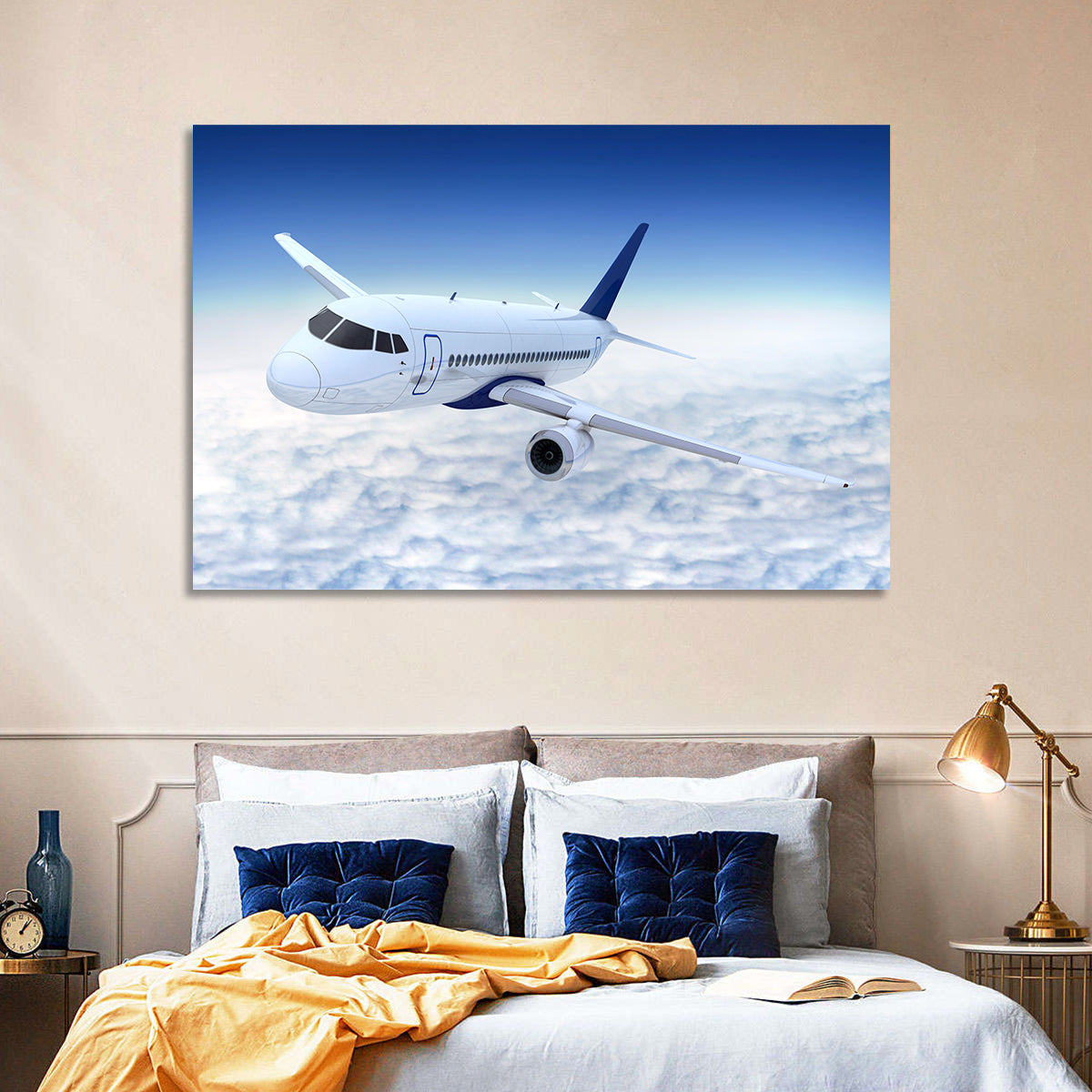 Commercial Jet Above Clouds Wall Art in a room, landscape