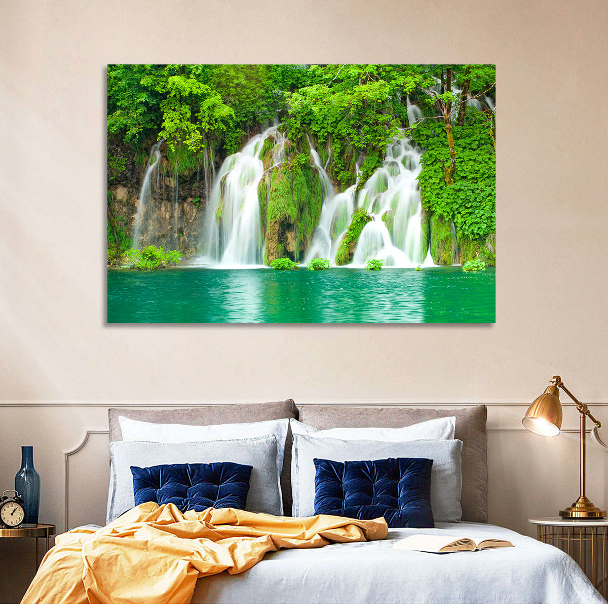 Plitvice Lakes Cascades Wall Art in a room, landscape