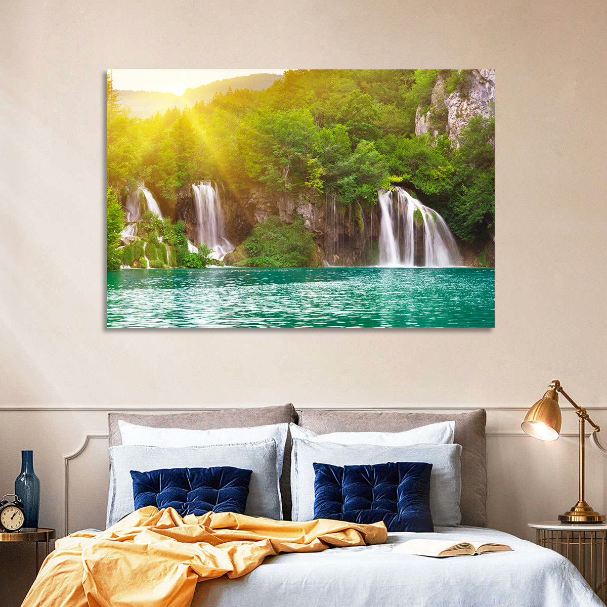 Plitvice Cascades at Sunrise Wall Art in a room, landscape
