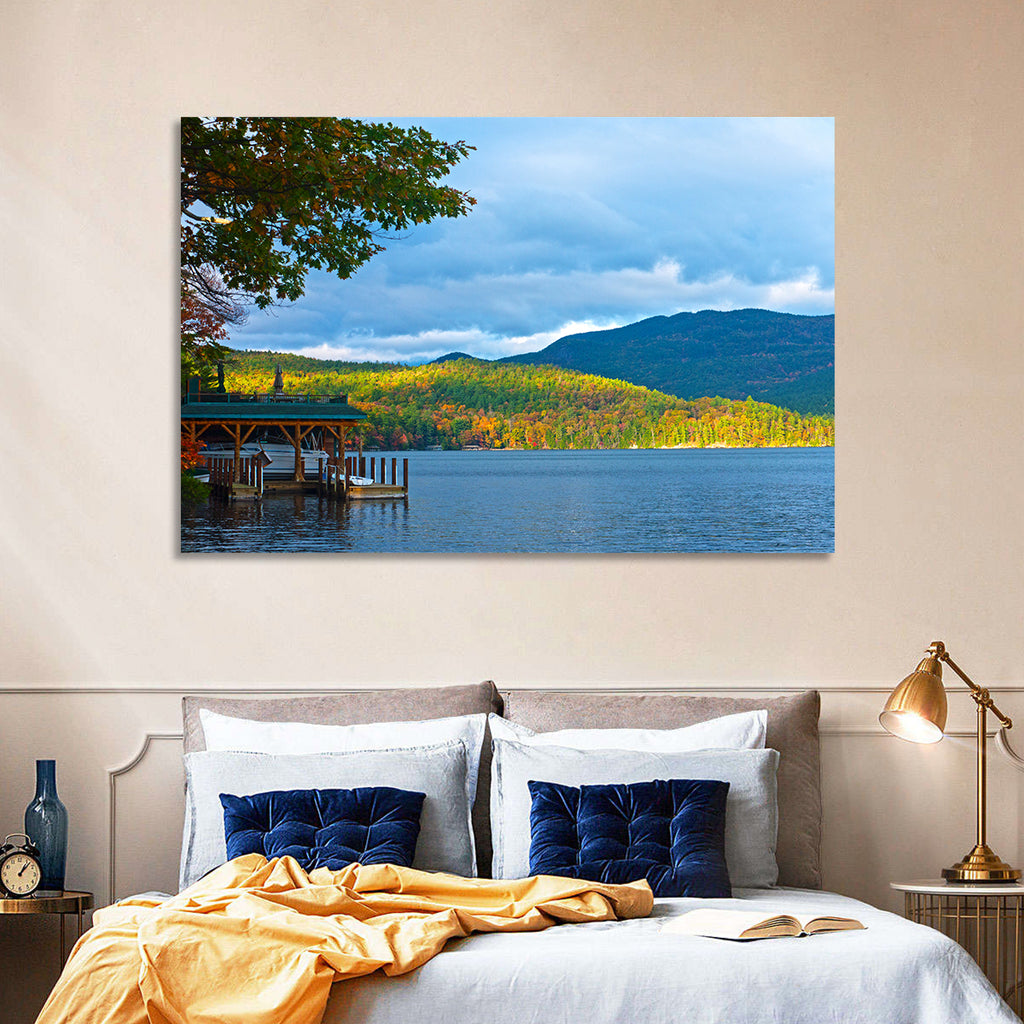 Lake George Boathouse in Autumn Wall Art
