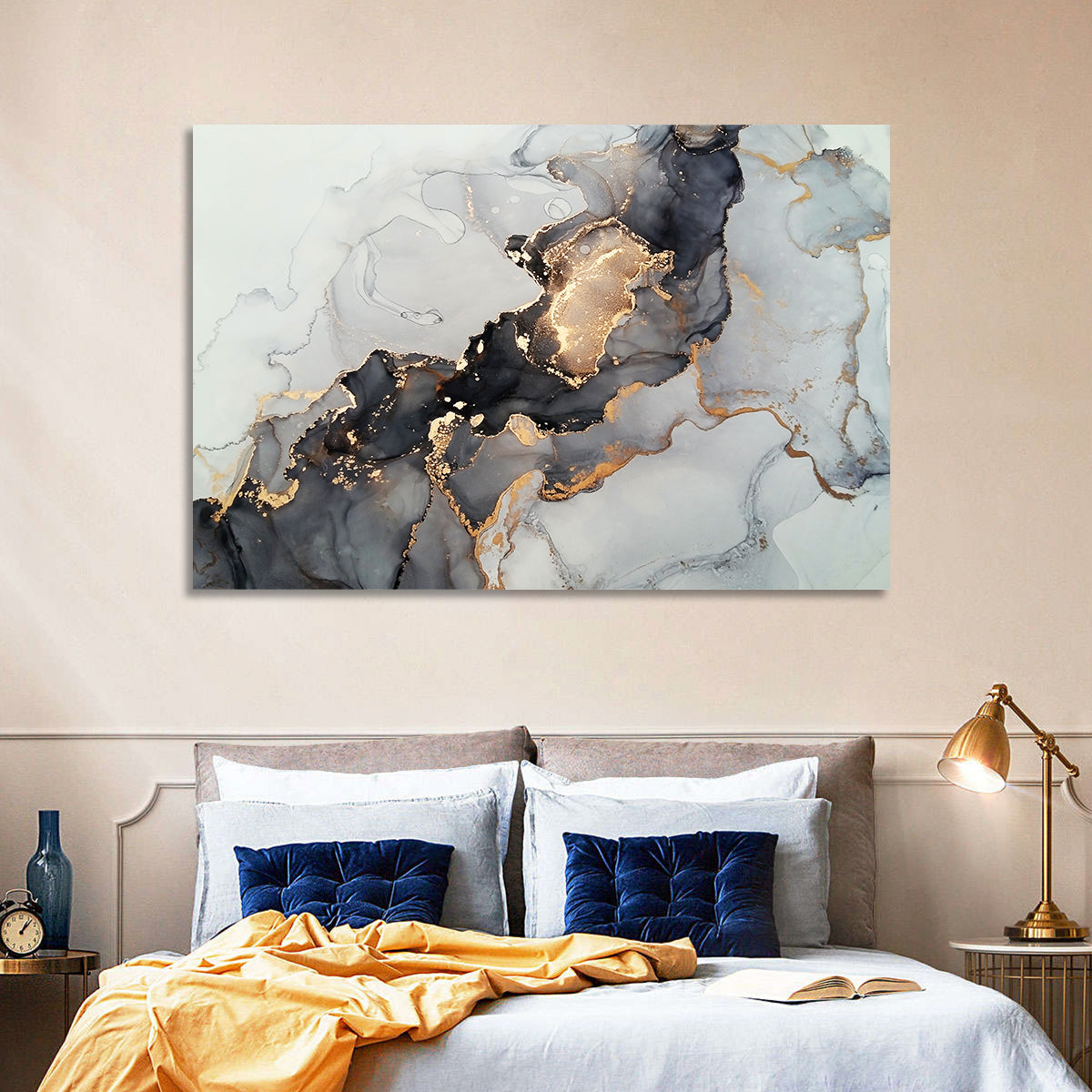 Black Fire Marble Abstract Wall Art in a room, landscape