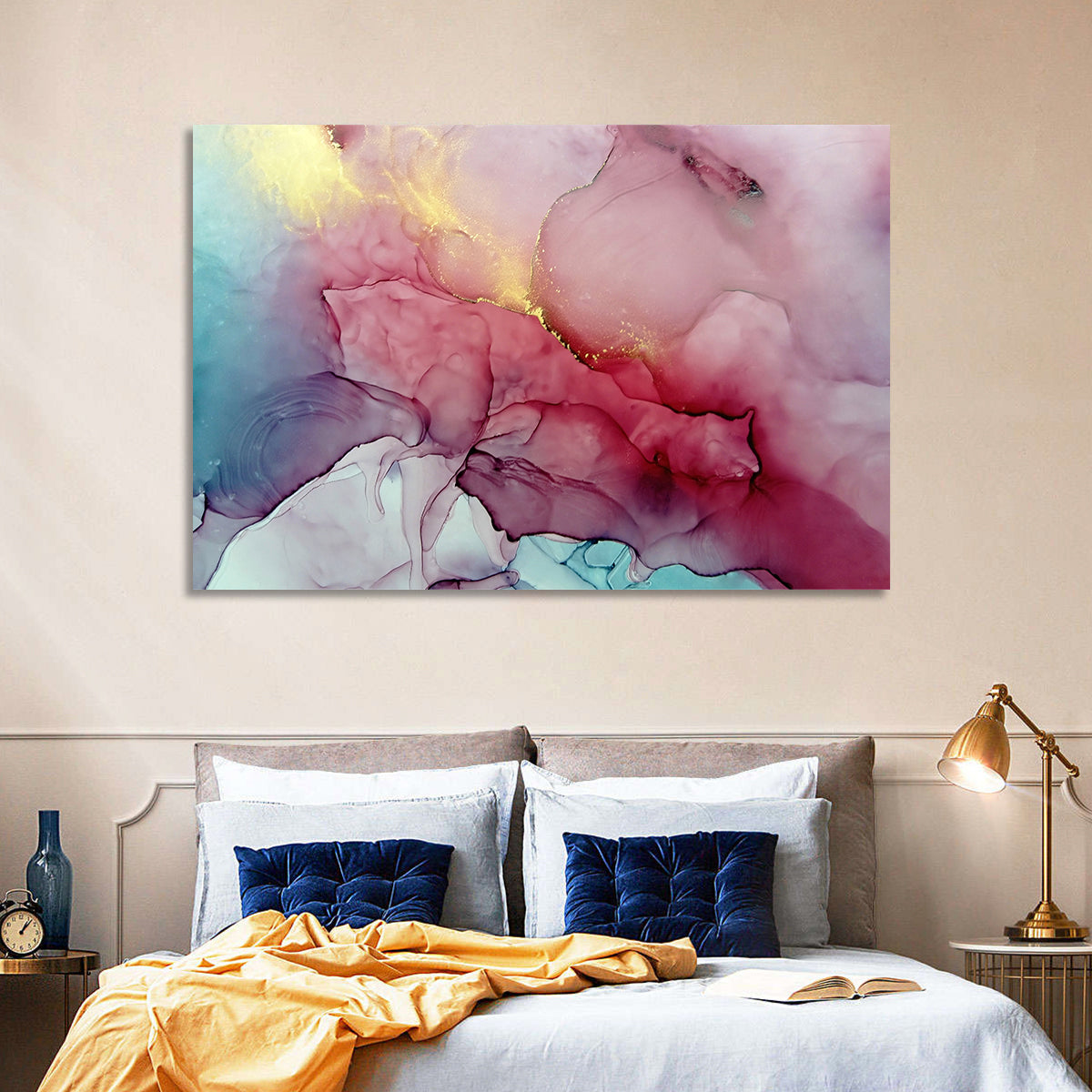 Pink and Gold Fluid Abstract Wall Art in a room, landscape