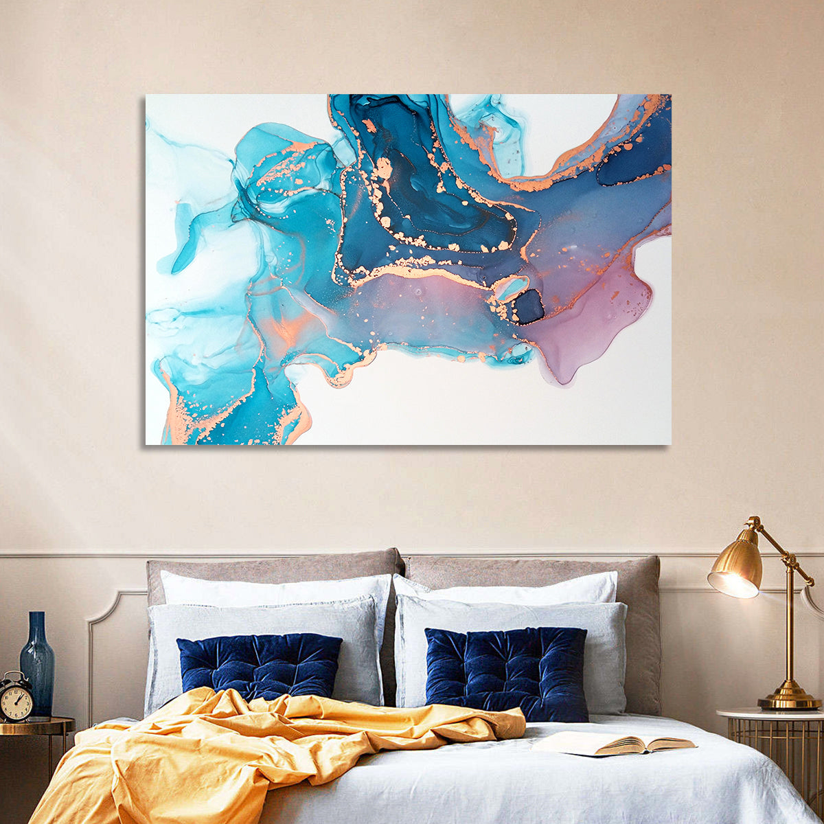 Fluid Ink with Metallic Gold Accents Wall Art in a room, landscape