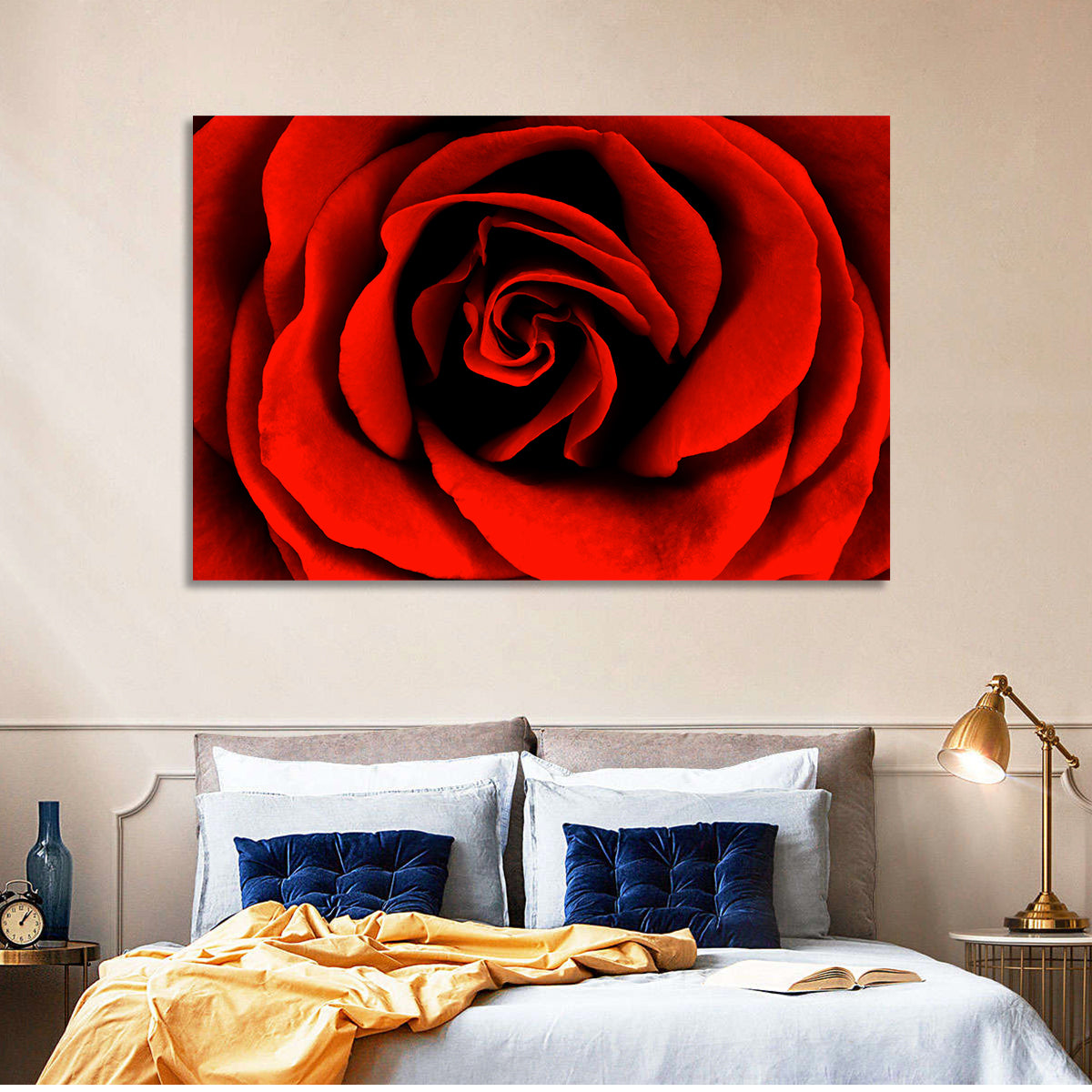 Velvety Red Rose Close-up Wall Art in a room, landscape