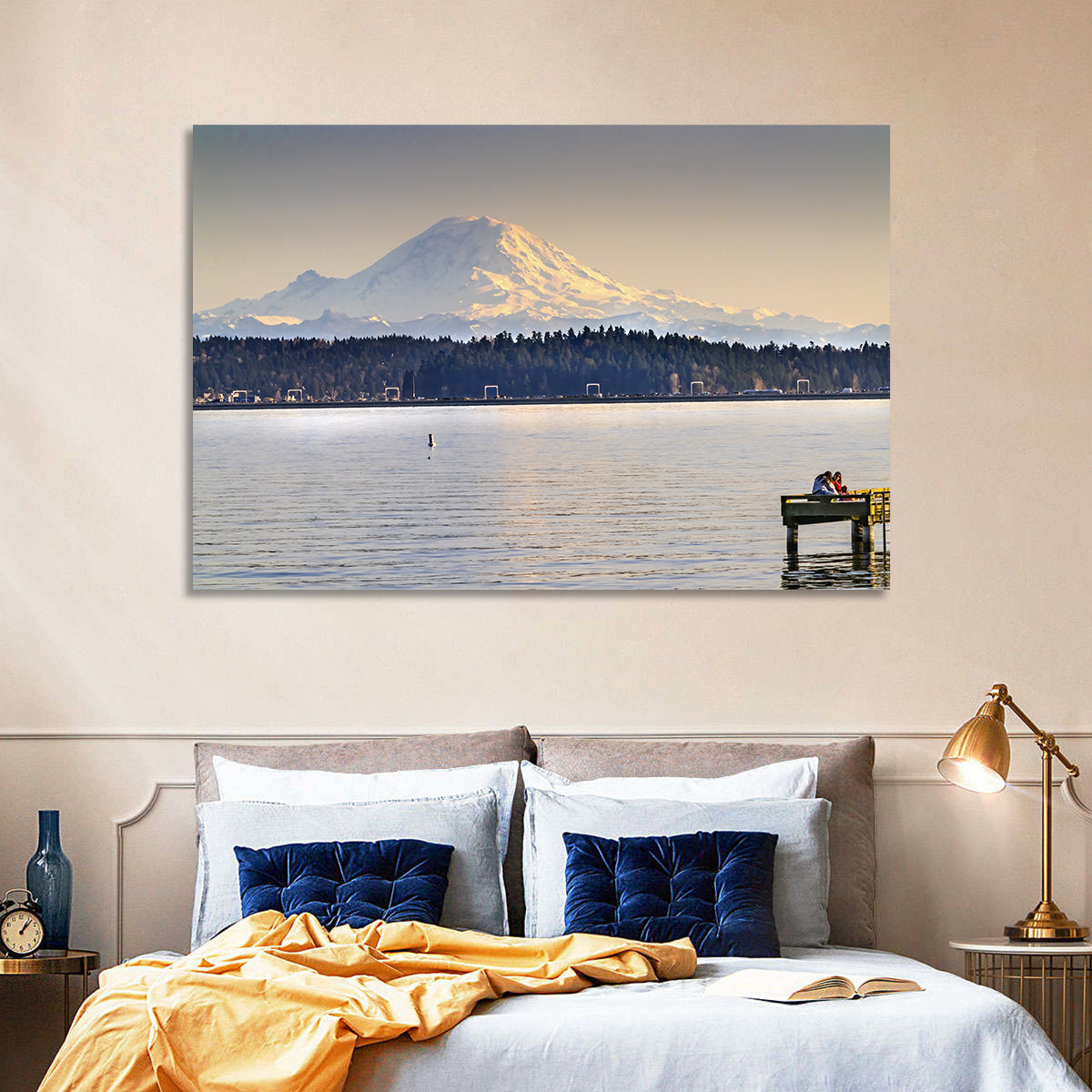 Mount Rainier Over Lake Washington Wall Art in a room, landscape