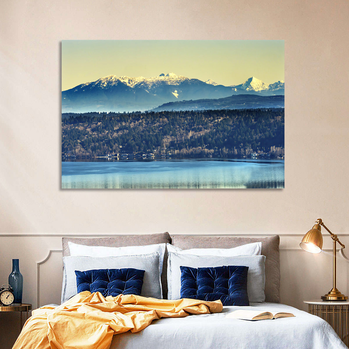 Lake Sammamish Reflection Wall Art in a room, landscape