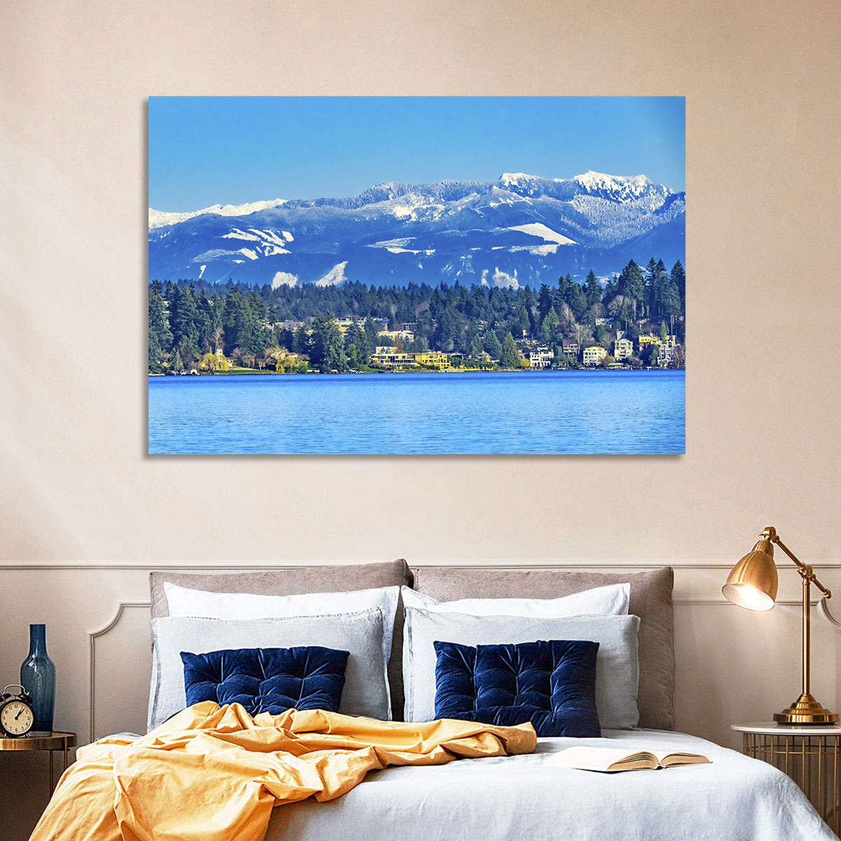 Lake Washington Snow-capped Peaks Wall Art in a room, landscape