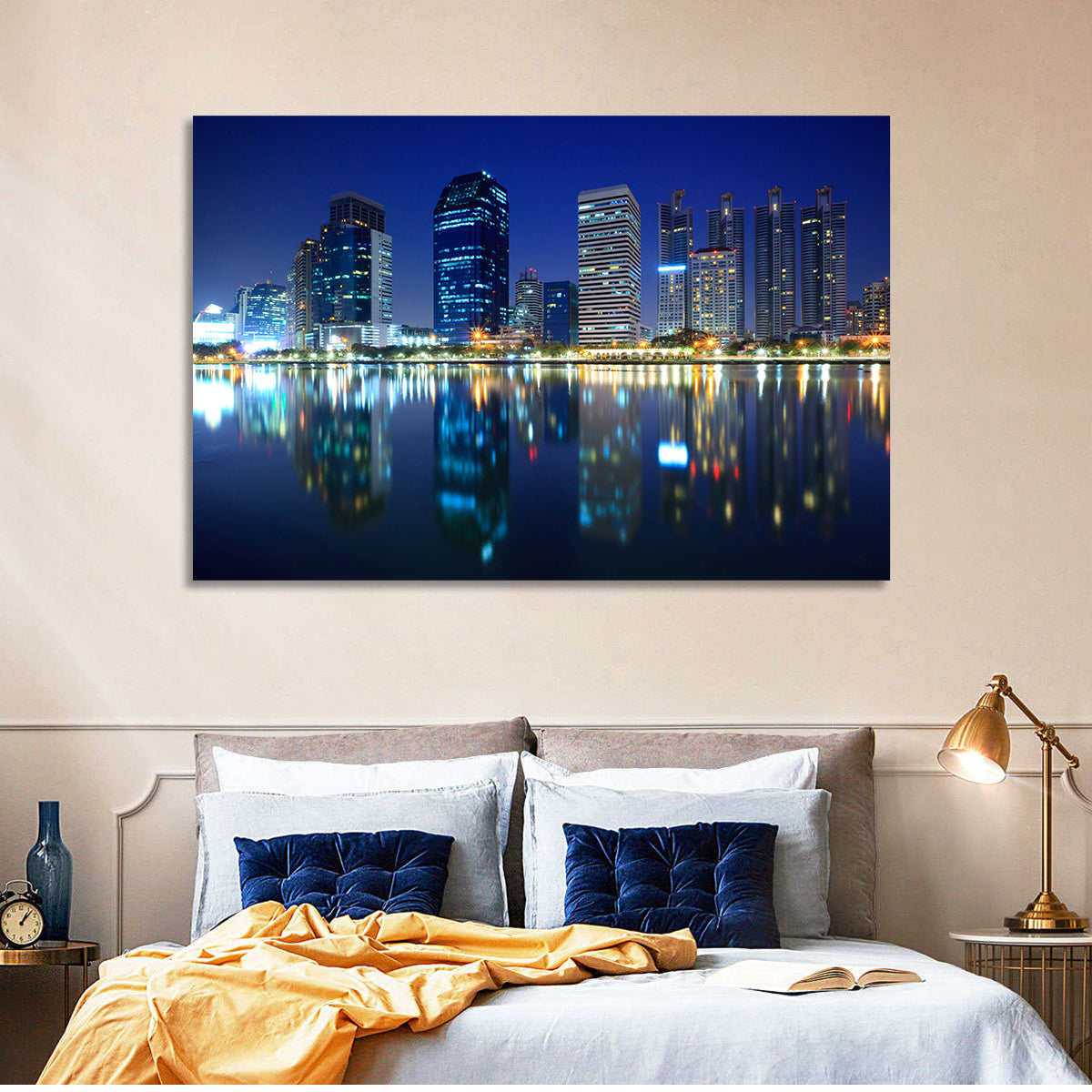 Benjakitti Park Night Skyline Wall Art in a room, landscape