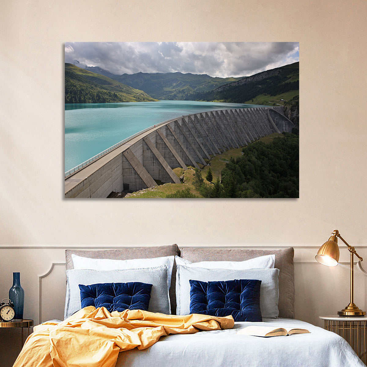 Curved Dam on Turquoise Lake Wall Art in a room, landscape