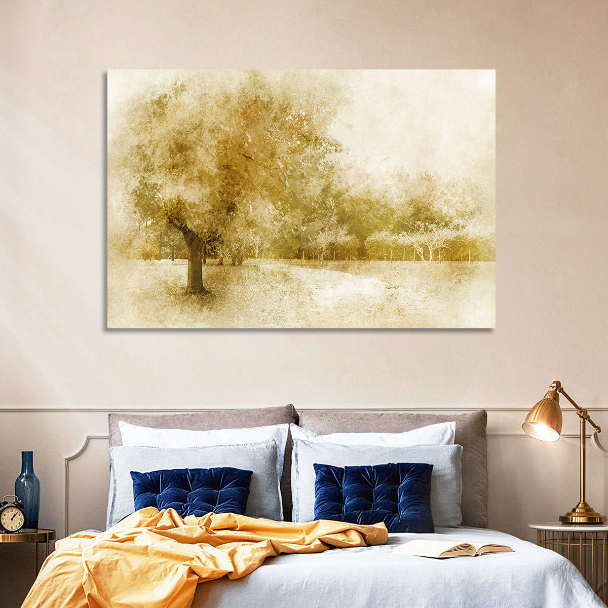 Sepia Orchard Pathway Wall Art in a room, landscape