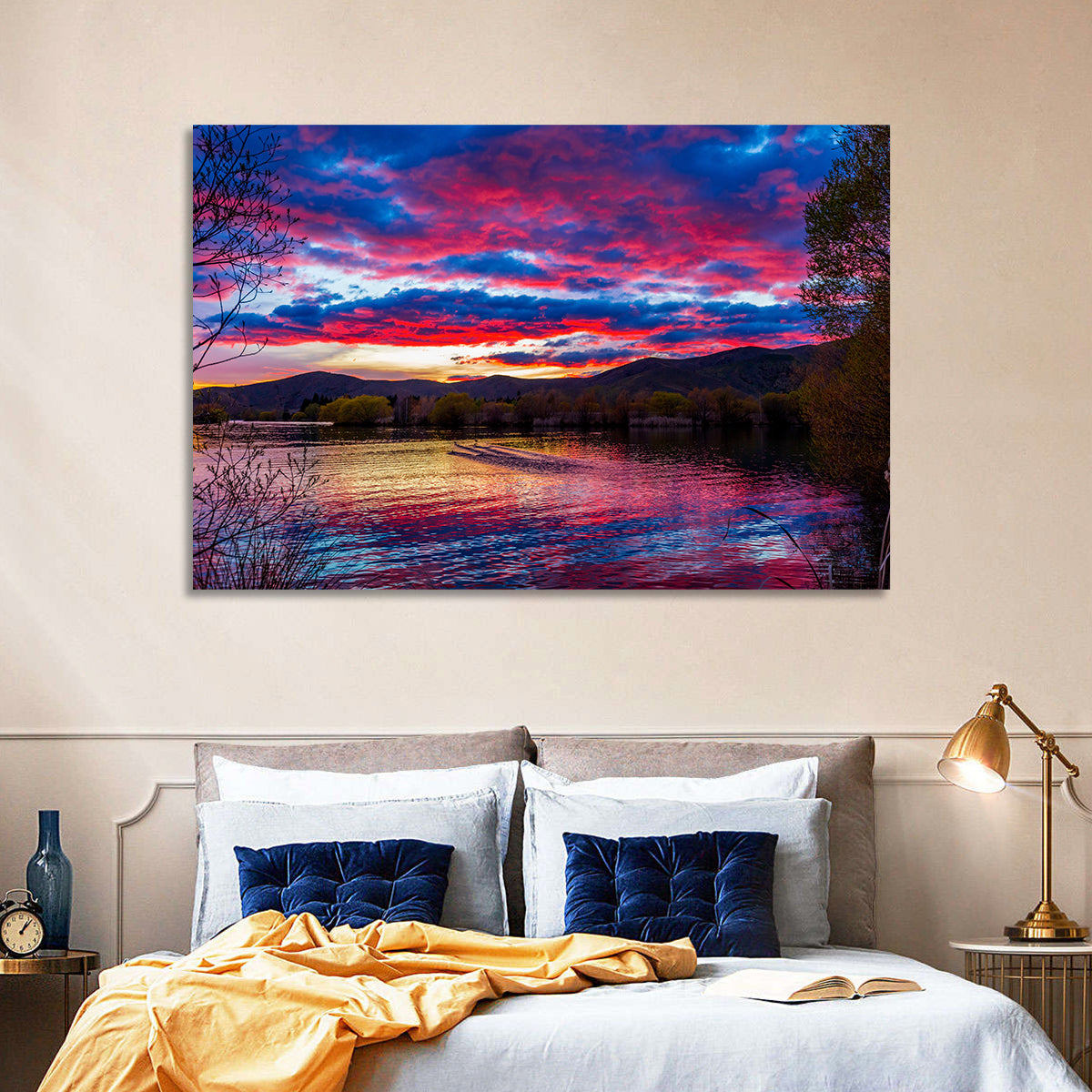 Lake Wairepo Arm Sunrise Reflection Wall Art in a room, landscape