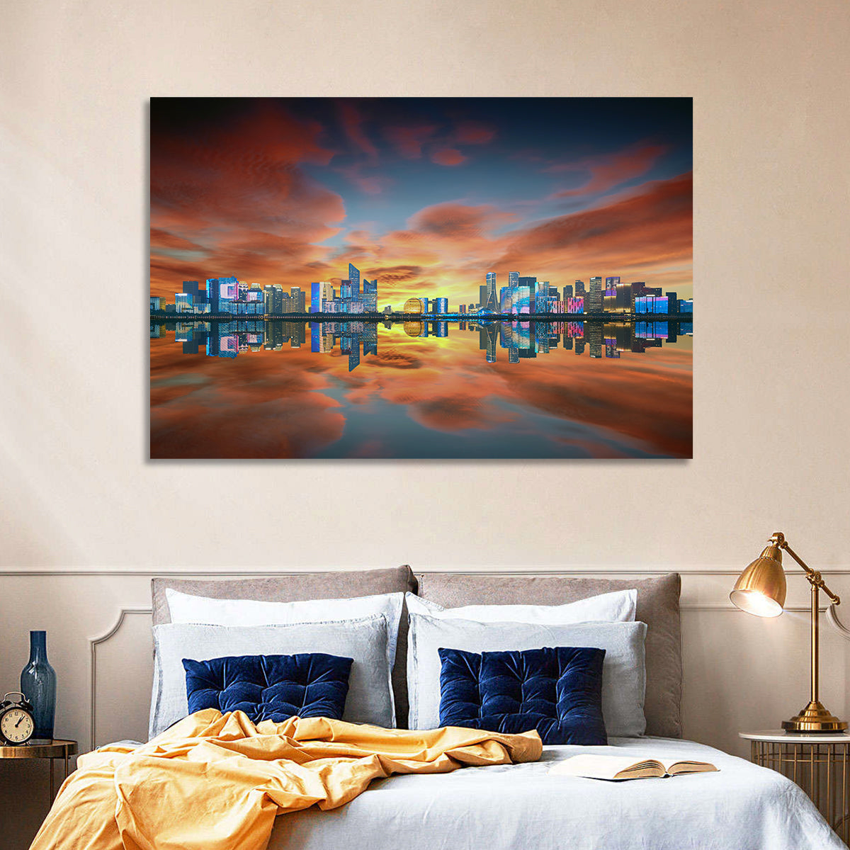 Hangzhou Golden Sphere Skyline at Dusk Wall Art in a room, landscape
