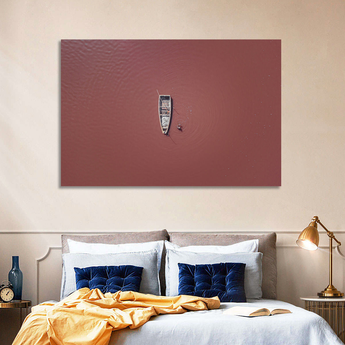 Lake Retba Aerial with Boat Wall Art in a room, landscape