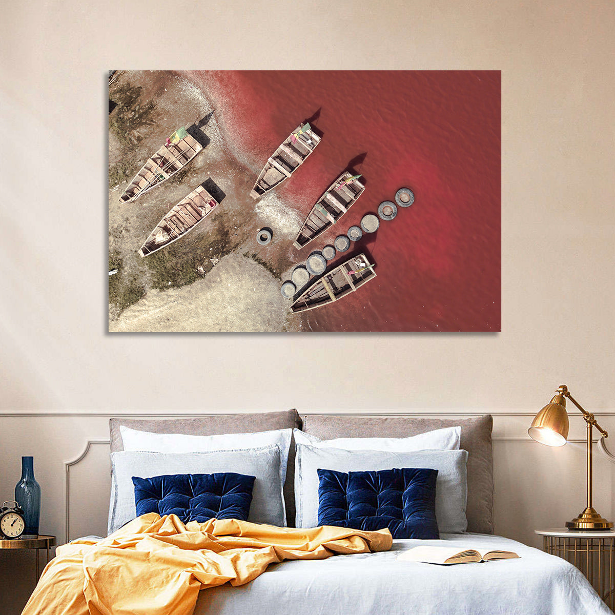 Wooden Boats on Lake Retba Wall Art in a room, landscape