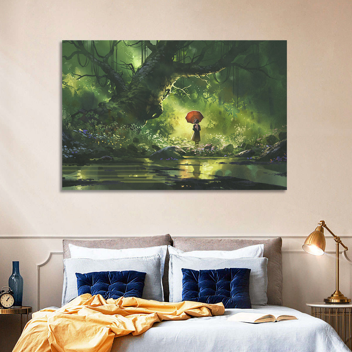 Girl with Umbrella in Mysterious Forest Wall Art in a room, landscape