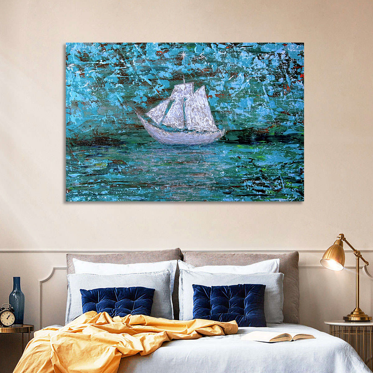 White Sailboat Reflection Wall Art in a room, landscape