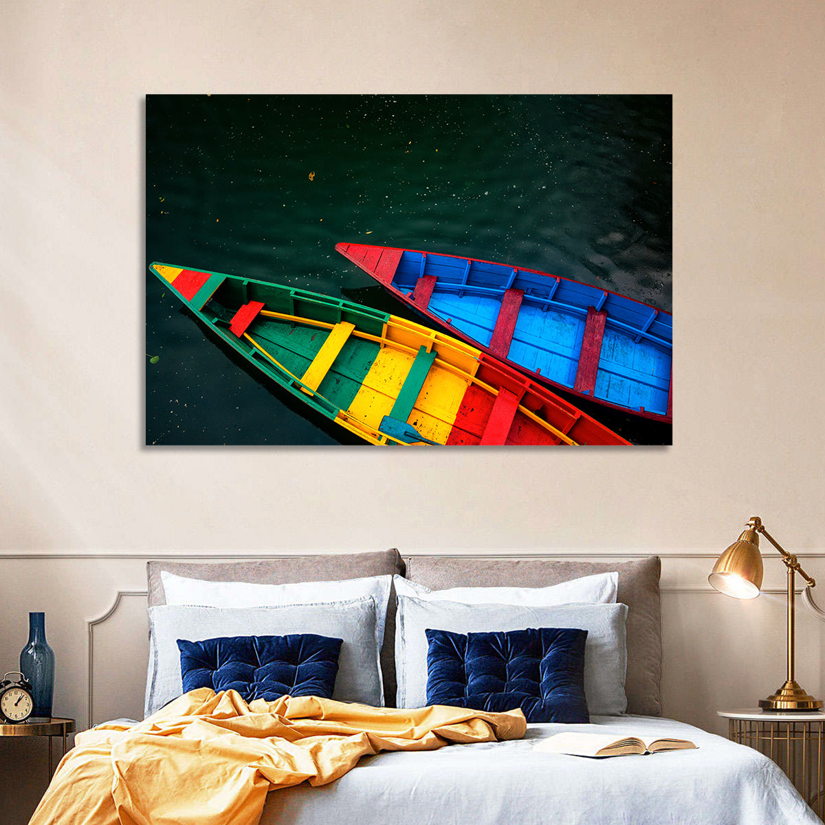 Two Colorful Boats Over Rippling Water Wall Art in a room, landscape