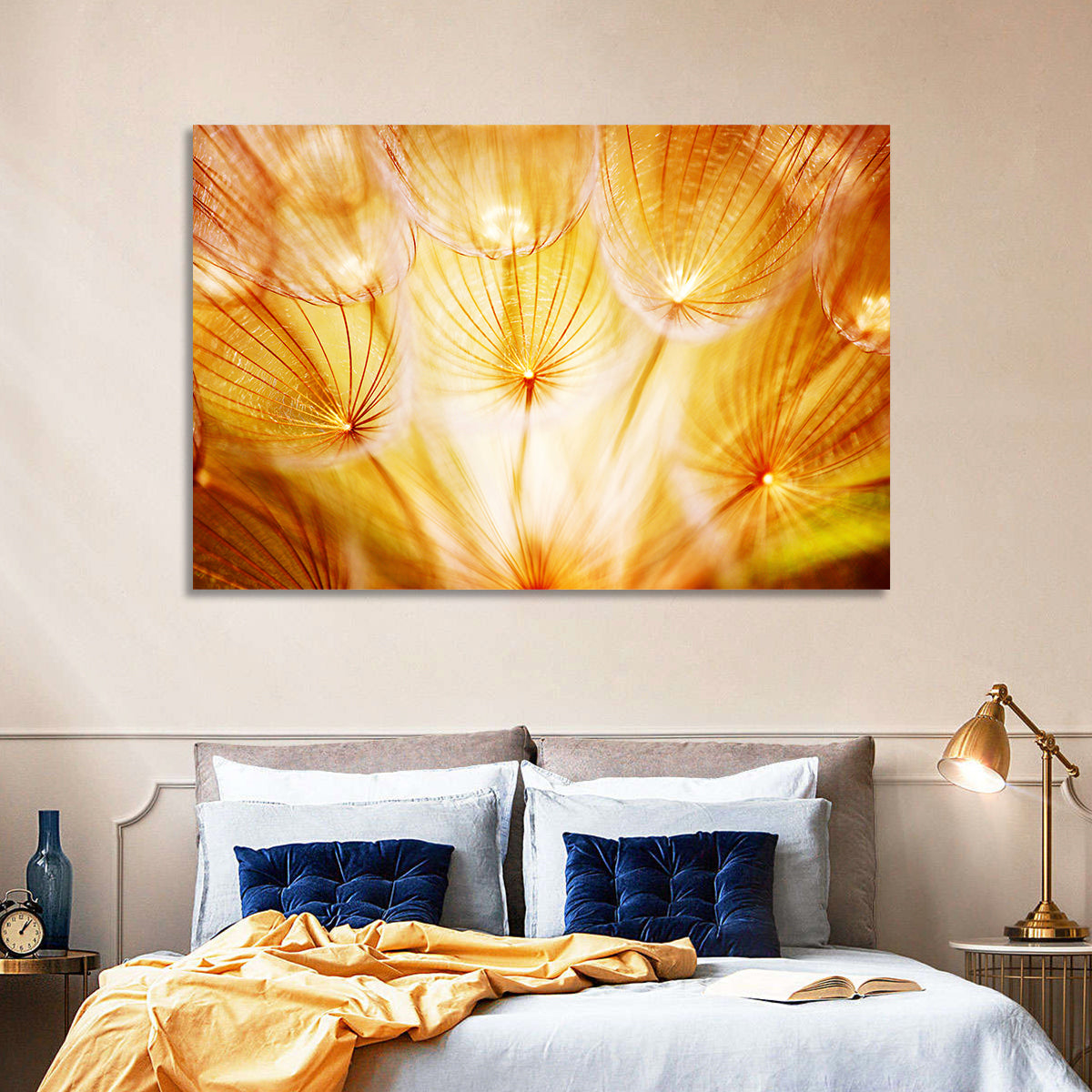 Golden Hour Dandelion Seed Macro Abstract Wall Art in a room, landscape