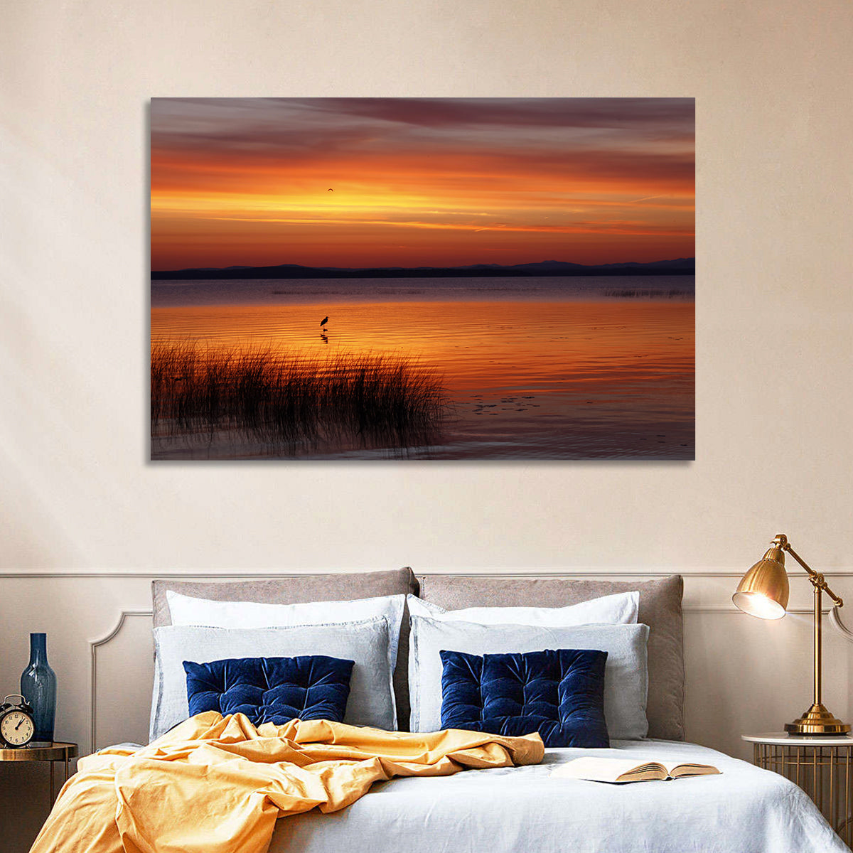 Lake Champlain Sunrise with Heron Wall Art in a room, landscape
