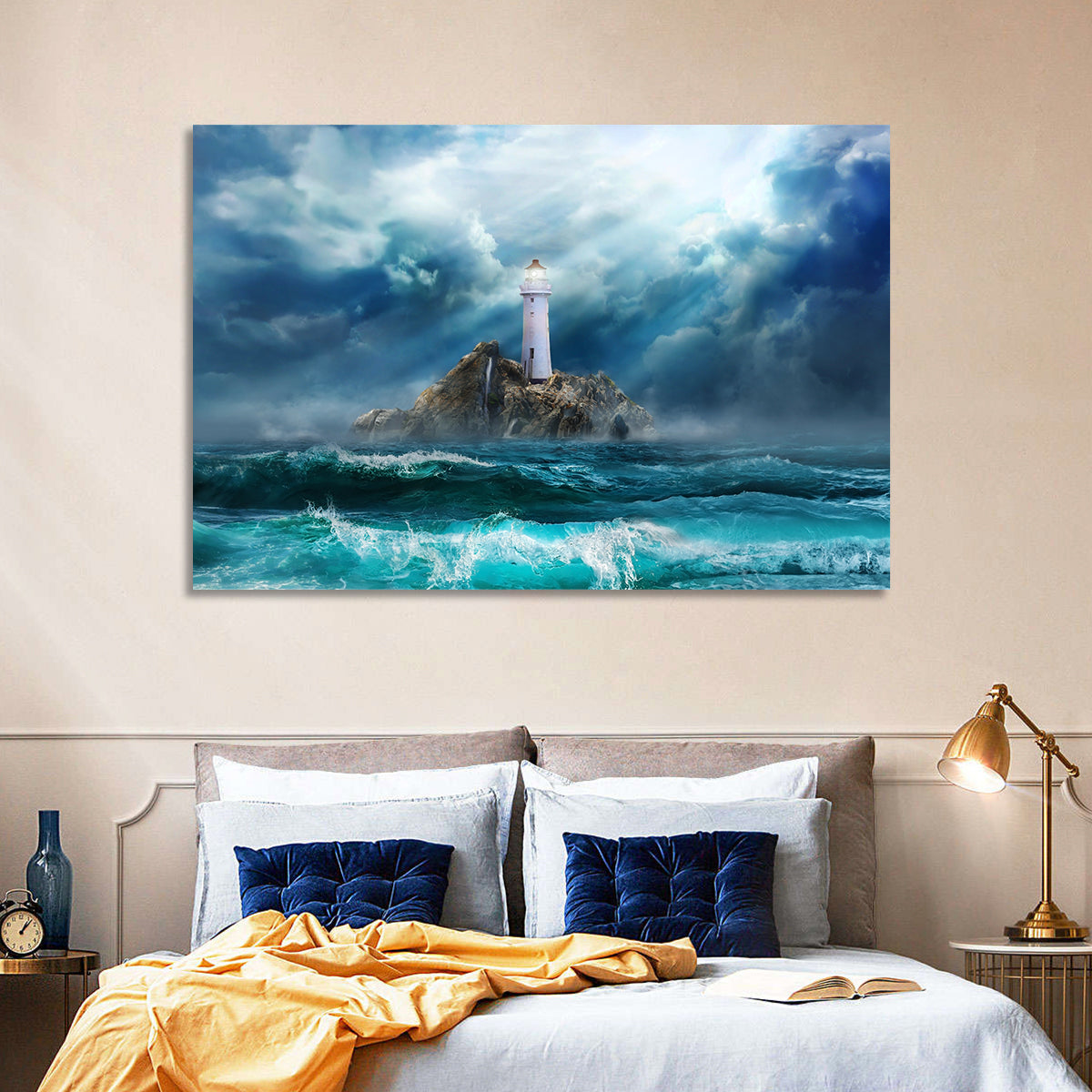 Rocky Island Lighthouse Wall Art in a room, landscape