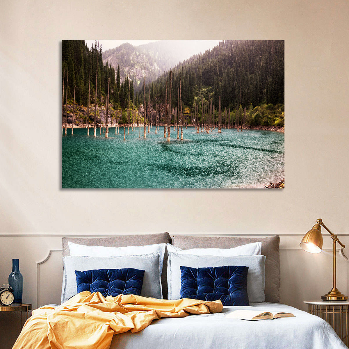 Kaindy Lake Submerged Spruces Wall Art in a room, landscape