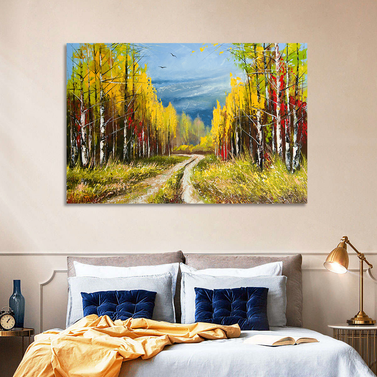 Autumn Birch Path with Two Birds Wall Art in a room, landscape