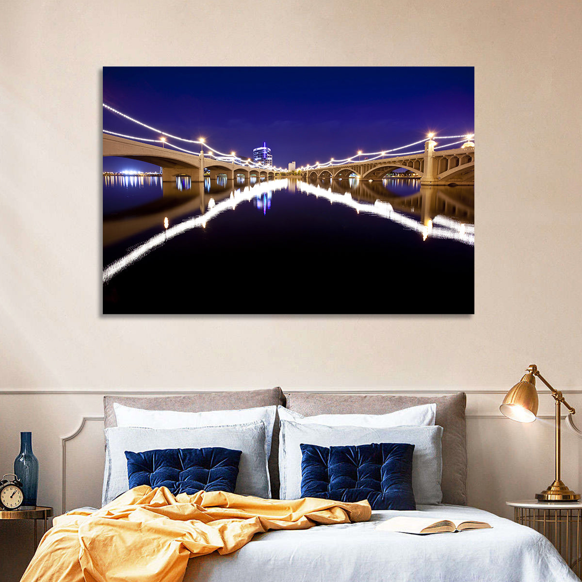 Mill Avenue Bridge Night Reflections Wall Art in a room, landscape