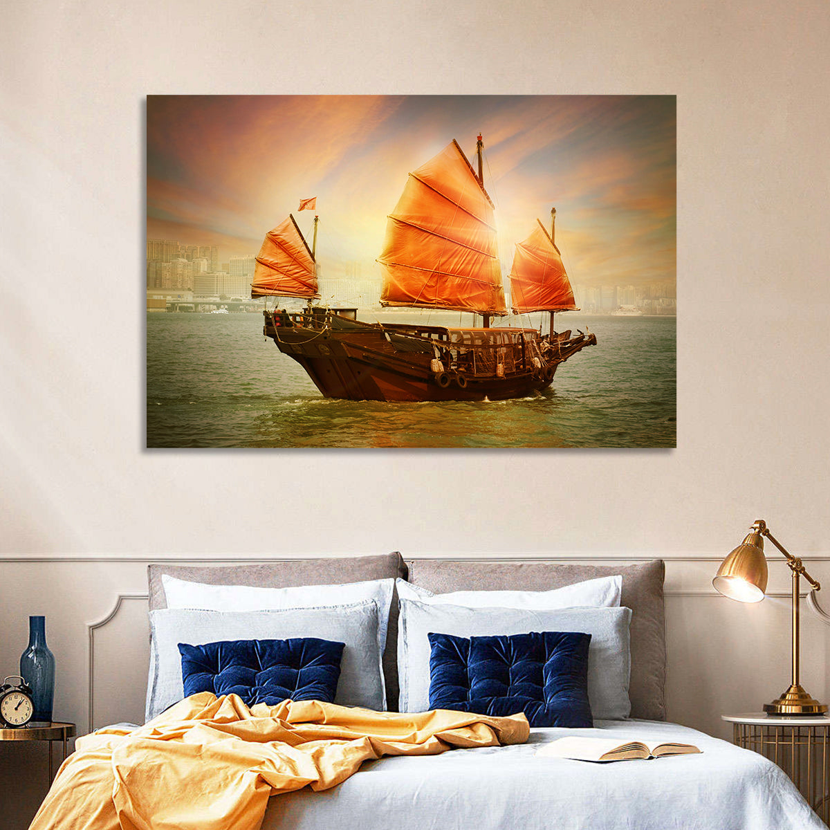 Red Sailed Junk at Victoria Harbour Wall Art in a room, landscape