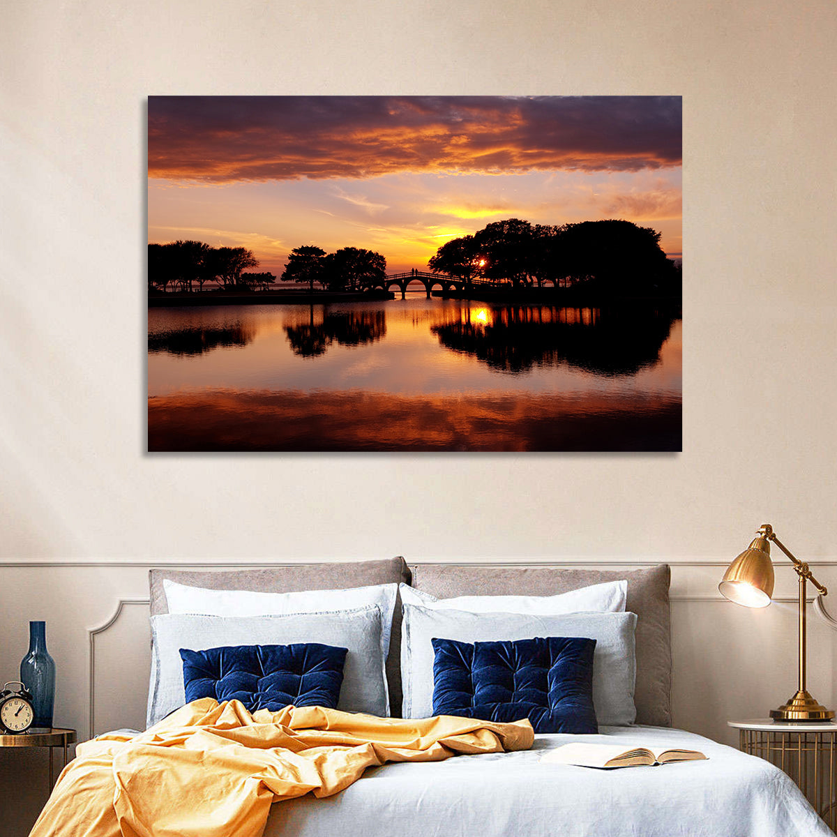 Tranquility Bridge at Sunset Wall Art in a room, landscape