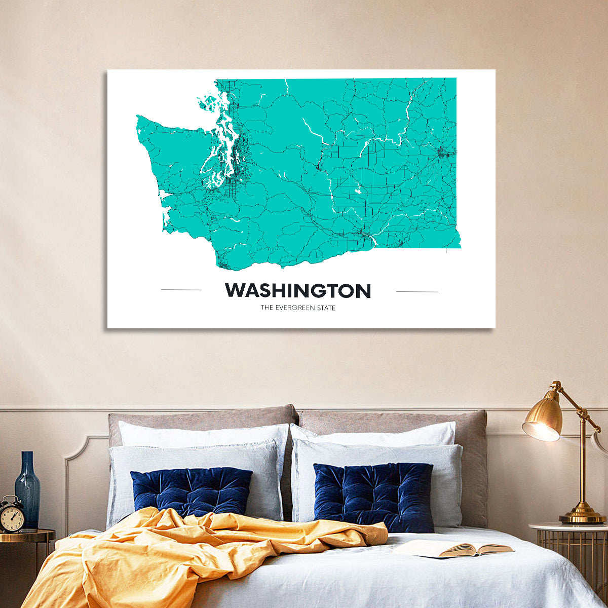 Washington State Minimalist Map Wall Art in a room, landscape